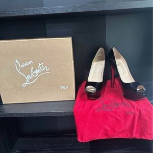 Christian Louboutin Black Patent Peep-Toe Platform Pumps with Red Dust Bag